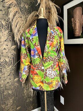 Vintage 80s Adolfo International colorful jungle-themed animal print jacket